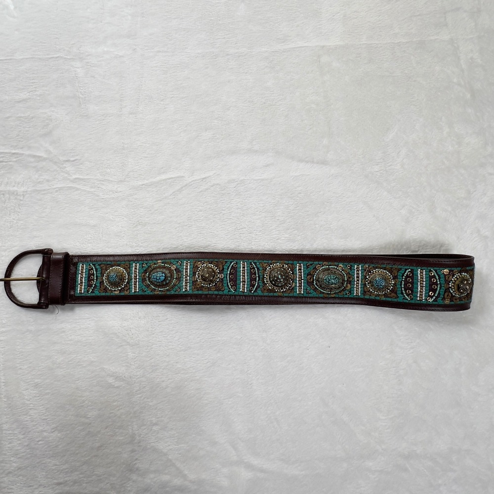 Chicos Turquoise Beaded Thick Leather Belt Womens Sz L Brown Boho Medallion - Picture 2 of 10